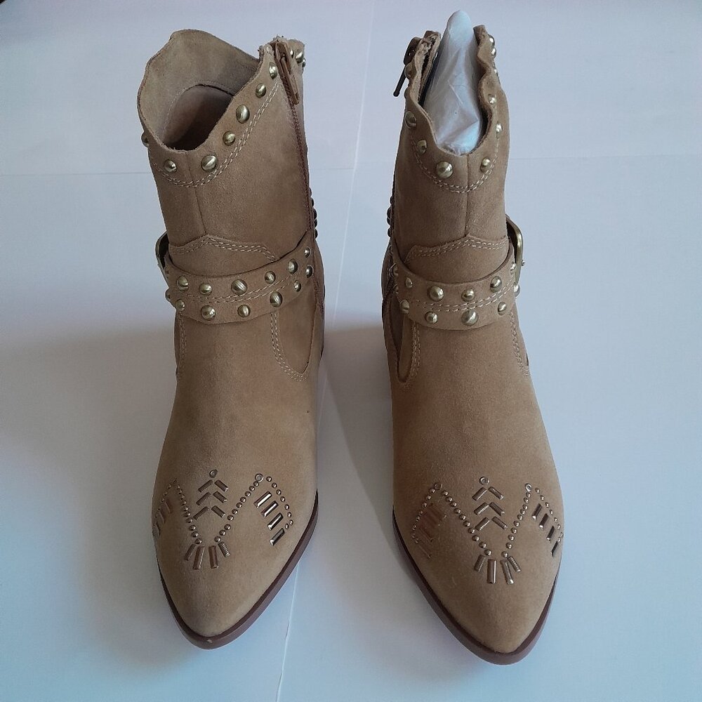 BCBG Lokki Cowboy Ankle Bootie Nude Suede Western Cowgirls Studded Buckle Boots